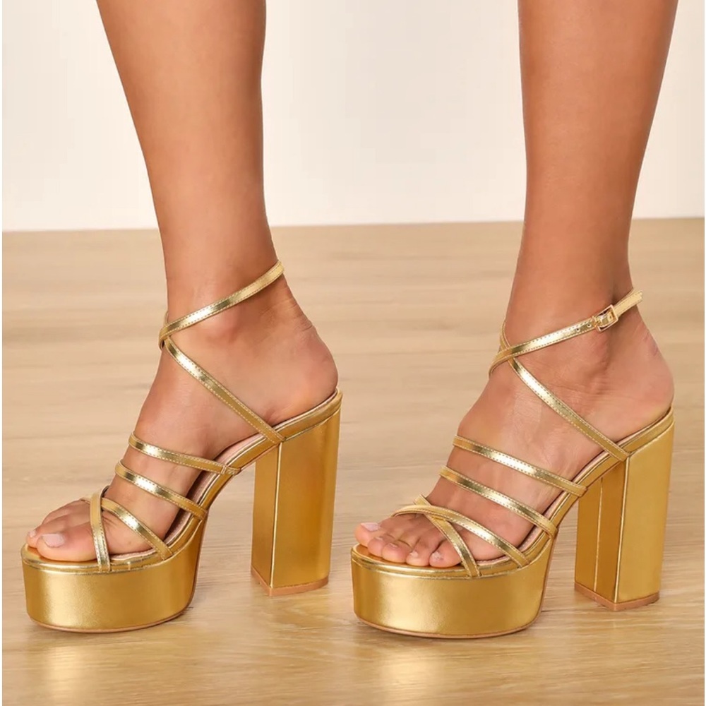 Gold Metallic Strappy Platform High Heels